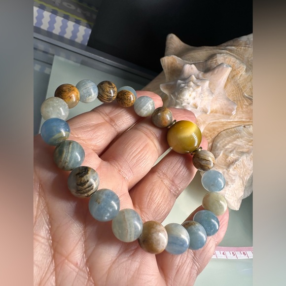 LEMURIAN AQUATINE + YELLOW TIGERS NATURAL STONES BRACELET size 7” - Picture 6 of 10